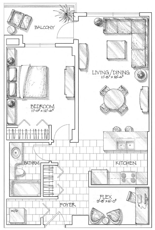 Floor plan for 1 bed, 1 bath, 759 sqft